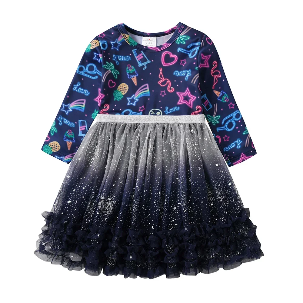 Girls Long Sleeve Polyester Tutu Dress Kids Gradient Star Glitter Silver Waistband Holiday Beach Birthday Party Princess Dresses