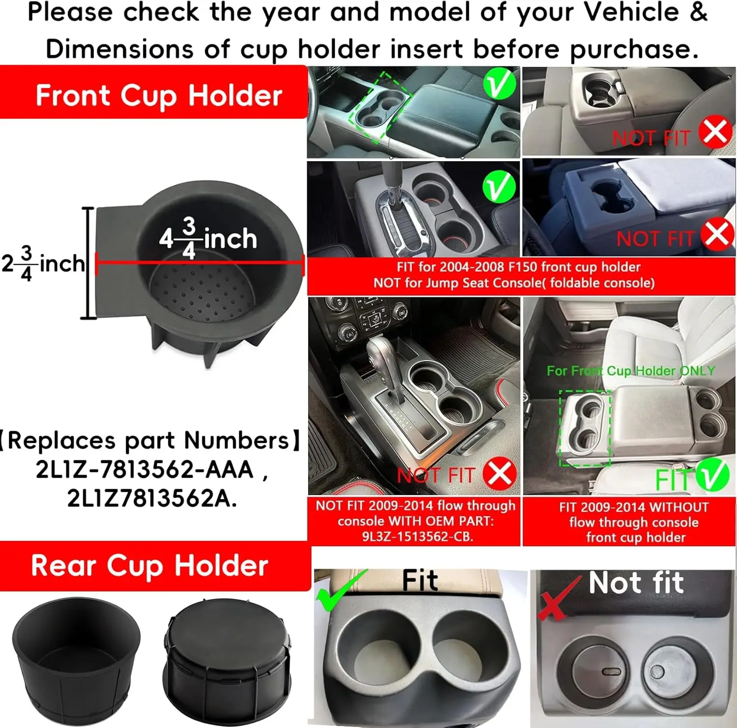 4Pcs Black TPE Console Cup Holder Inserts for Ford F150 2004-2008 2009-2014 Without Flow Through Console  2L1Z-7813562