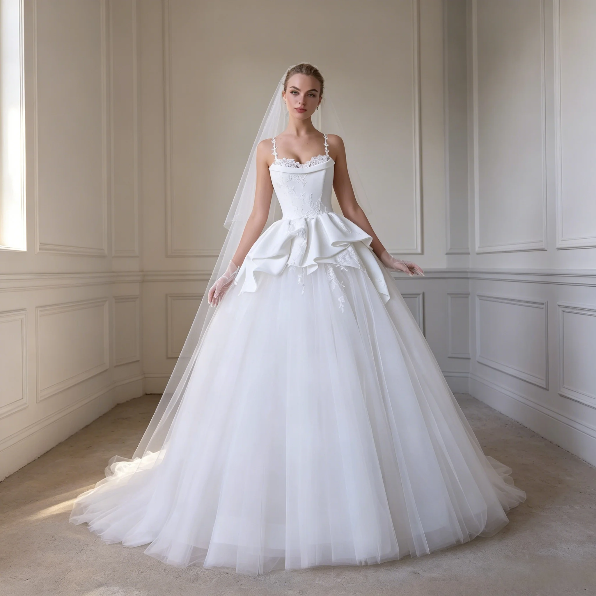 Fold Over Sweetheart Floral Lace Spaghetti Strap Wedding Dress Neck Satin Ruffle Peplum Multi Layer Tulle Bridal Gown Customizab
