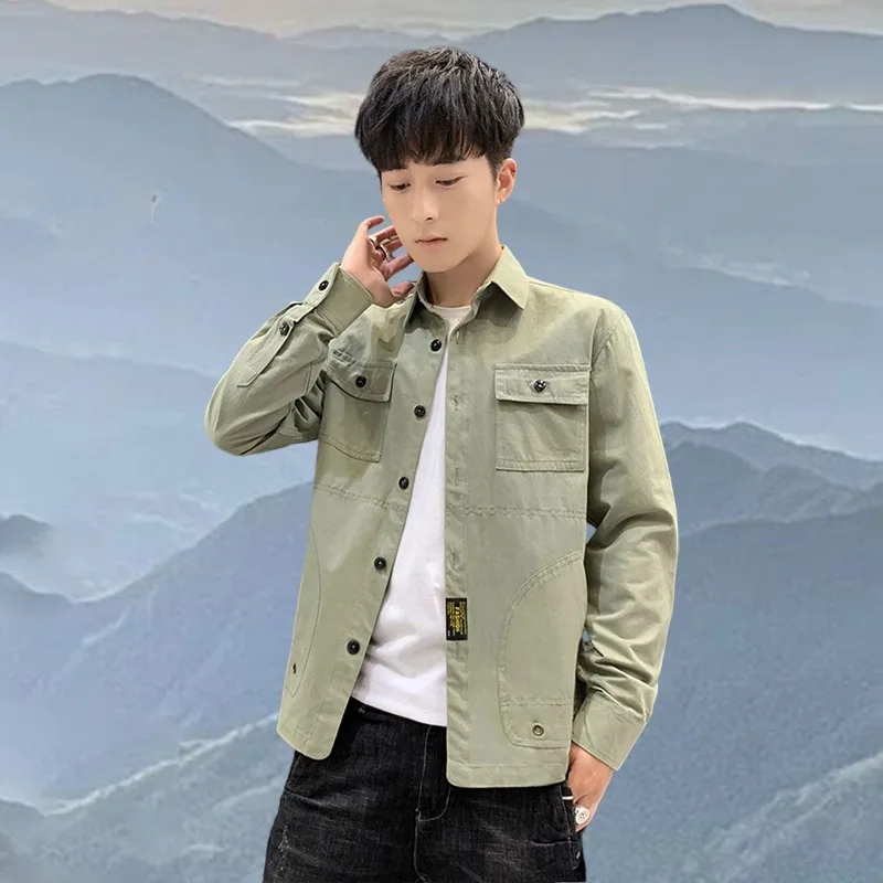 Men's Black Cargo Shirt Jacket Long Sleeve Multi-Pocket Button Down Casual Utility Shacket Top