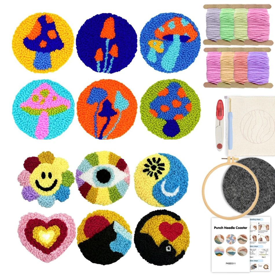 

6pcs Coasters Punch Needle Kit For Adults Beginner Mushroom Patterns , Tools, Yarns, Hoop,Instruction Diy Craft Art Gifts