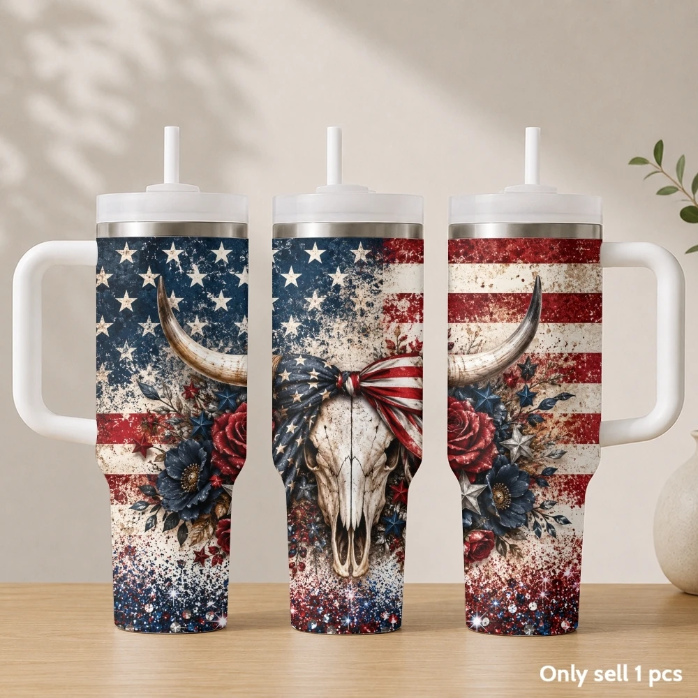 American Flag Ridge Cattle Vacuum Flasks 40oz Stainless Steel Insulated Tumbler with Handle & Straw Leakproof Travel Mug