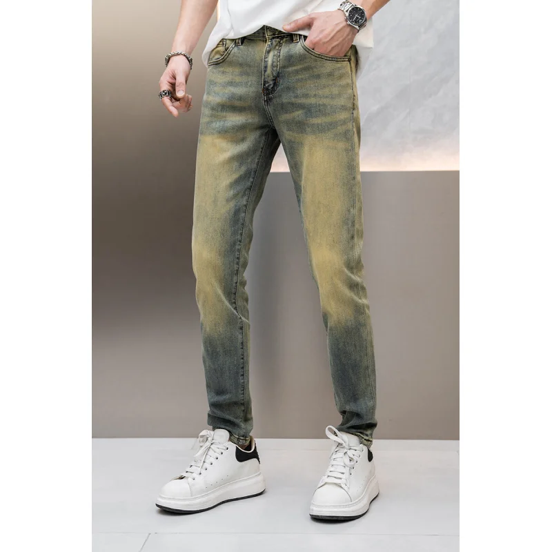 

2024Spring and Summer New Retro Blue Worn Jeans Men's Stretch Slim Fashion Simple and Light Luxury Street Trousers