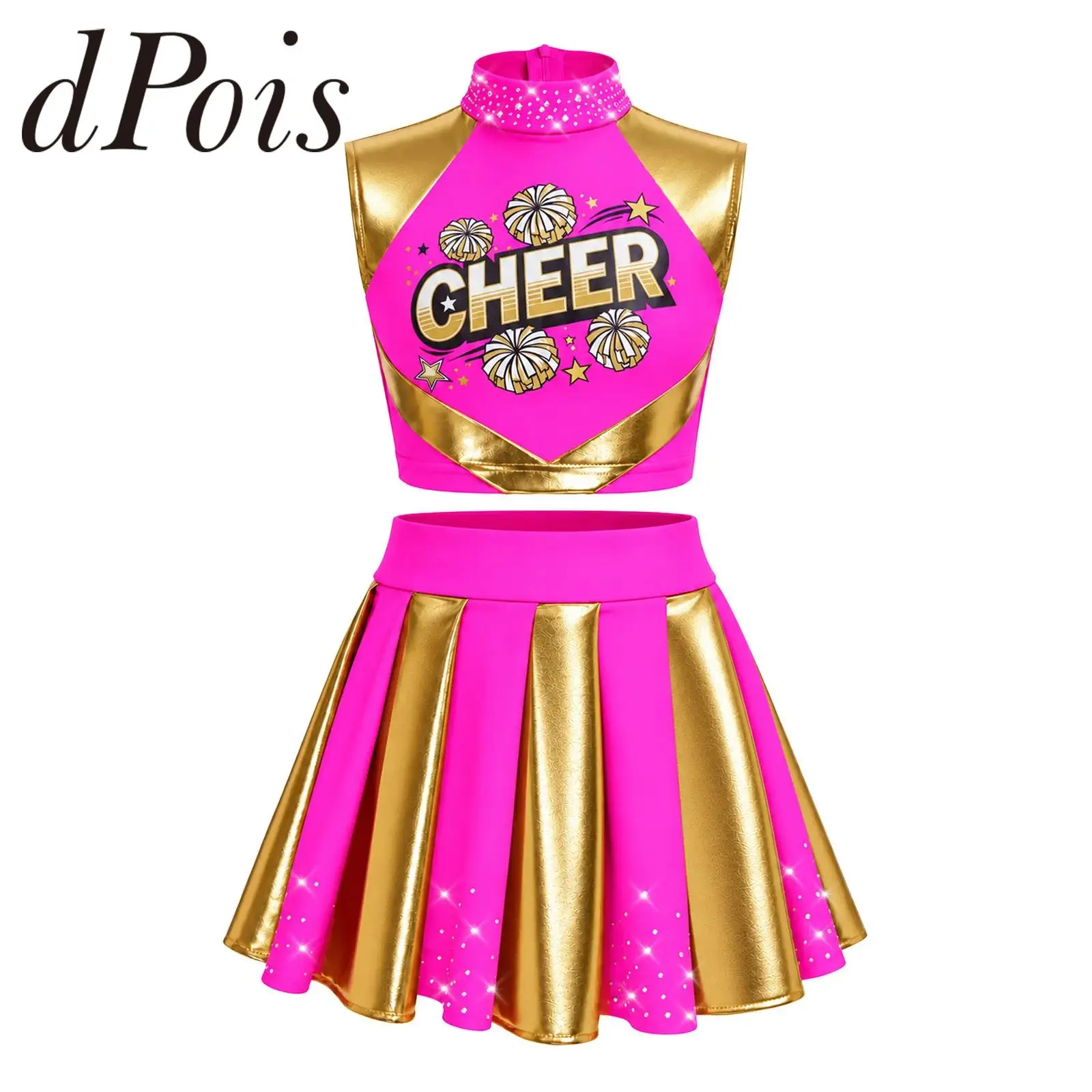 Kids Girls Cheerleading Uniforms Cheerleader Costume Children Glittery Rhinestones Cheerlead Uniforms School Cheer Dance Outfit