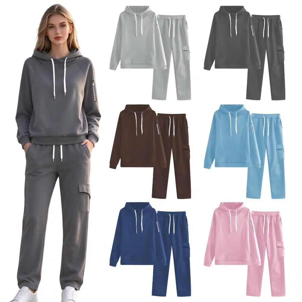 2026 Women Autumn And Winter New Solid Color Hoodie+pants Two-piece Set Fashionable Casual Sports Set For Jogging Workout Lounge