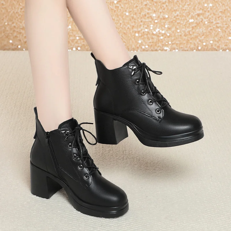 Autumn Winter Plus Velvet Casual Sneakers Thick Heel Women Ankle Platform  Leather Boots Warm Anti-slip Motorcycle Boot