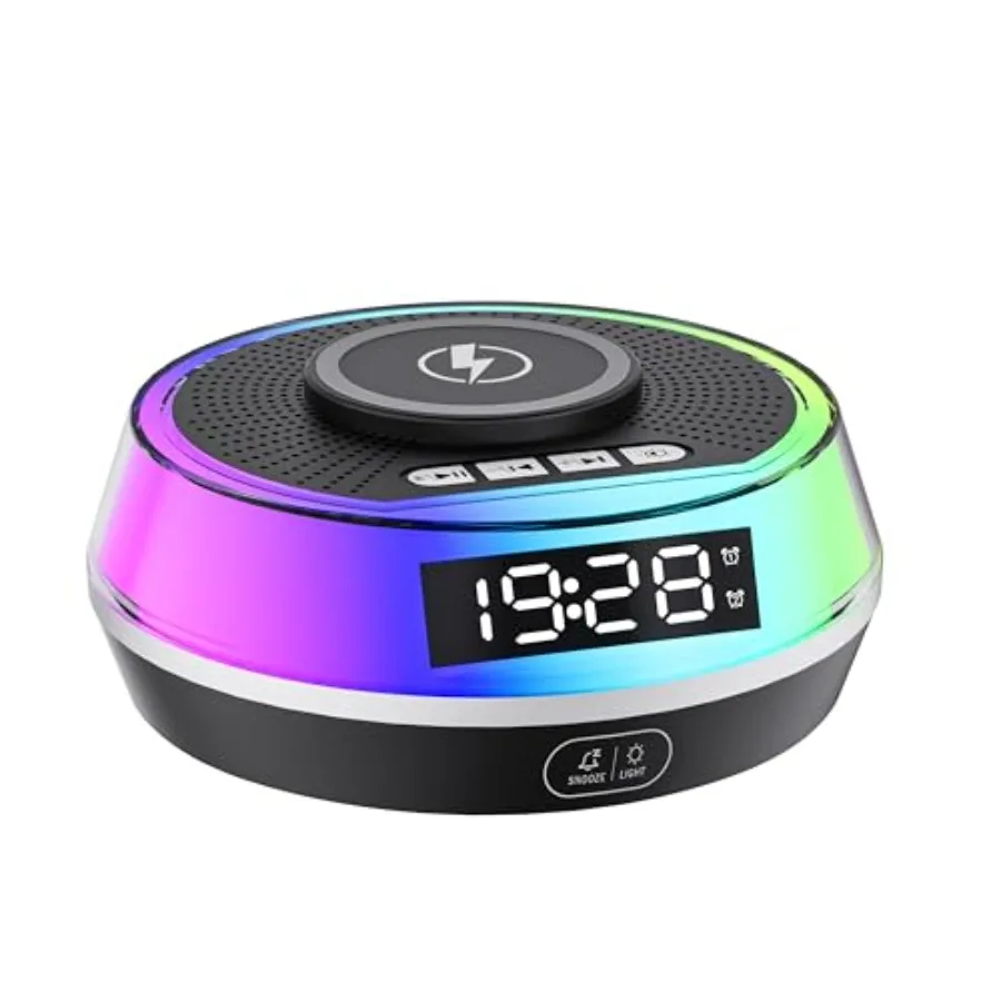 

Wireless Charger Alarm Clock for Bedroom, 5W Bluetooth Speaker, 12 Soothing Sounds Machine, Dual Alarms, RGB Light, Ideal Gift