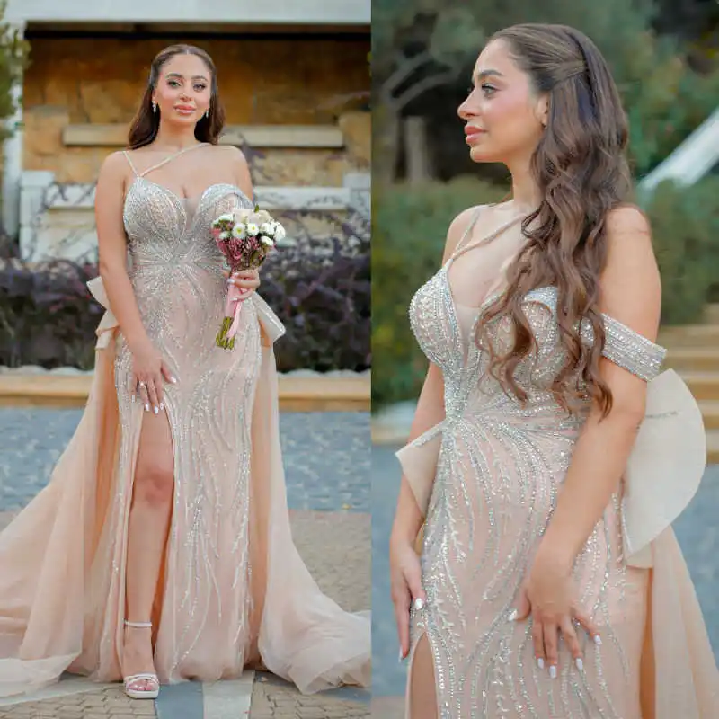 

Exquisite Mermaid Gown Wedding Dresses Applique Sequined Off Shoulder Bridal Gowns Detachable Train Vestido De Noiva Customized