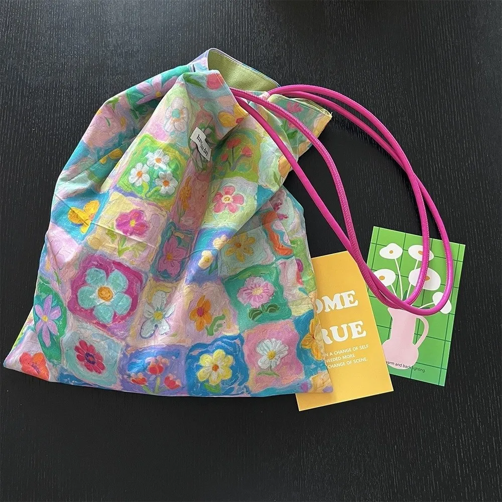 Lightweight Pastel Flower Floral Shoulder Bag PU Strap Pastoral Style Canvas Bag Storage Bag Beach Outing