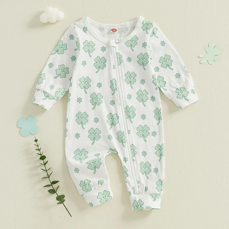 Toddler Baby Irish Day Romper Casual Clover Print Zipper Long Sleeve Jumpsuit for Newborn Girl Boy Cute Clothes