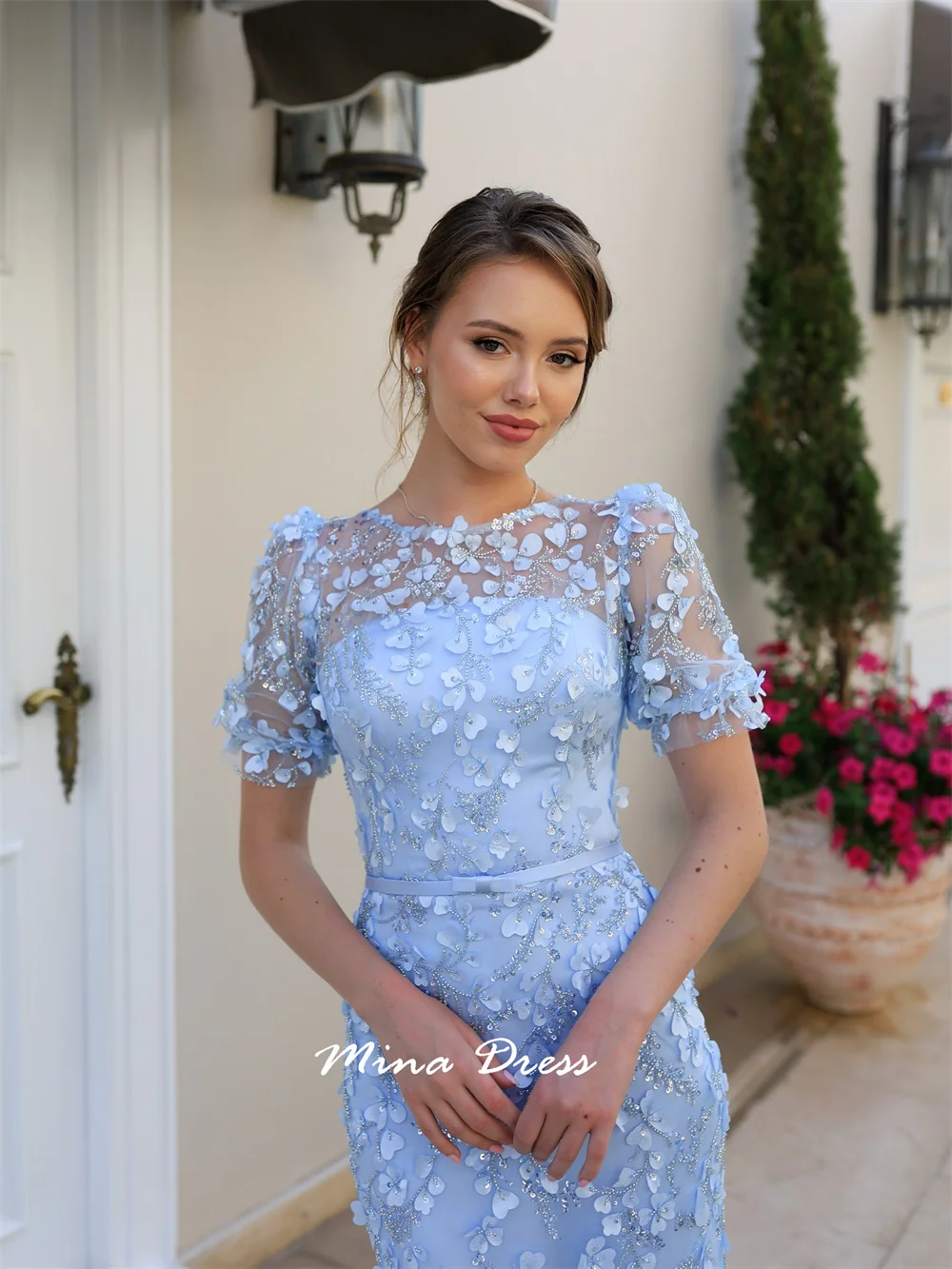 Mina Pleated 3D Decals Prom Dresses Luxury Party Dress Beads Luxurious Women's Evening Dresses Women Elegant Short Sleeve Woman