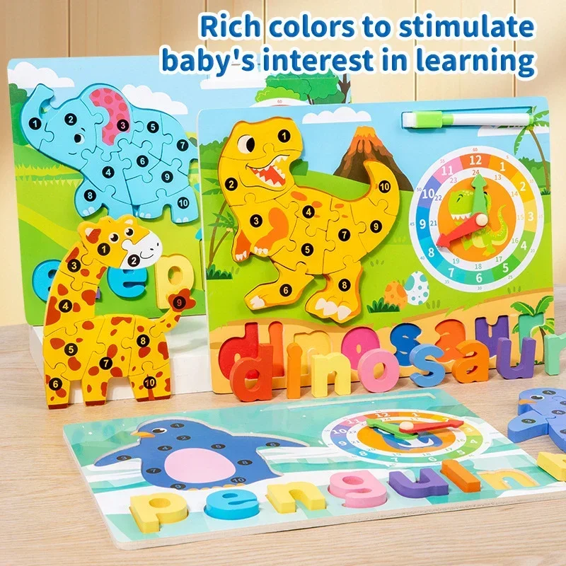 Montessori Disegno in legno Ortografia Tavolo Puzzle 3D Gioco Animale del fumetto Orologio del tempo Puzzle Forma Corrispondenza Cognizione Giocattolo Regali