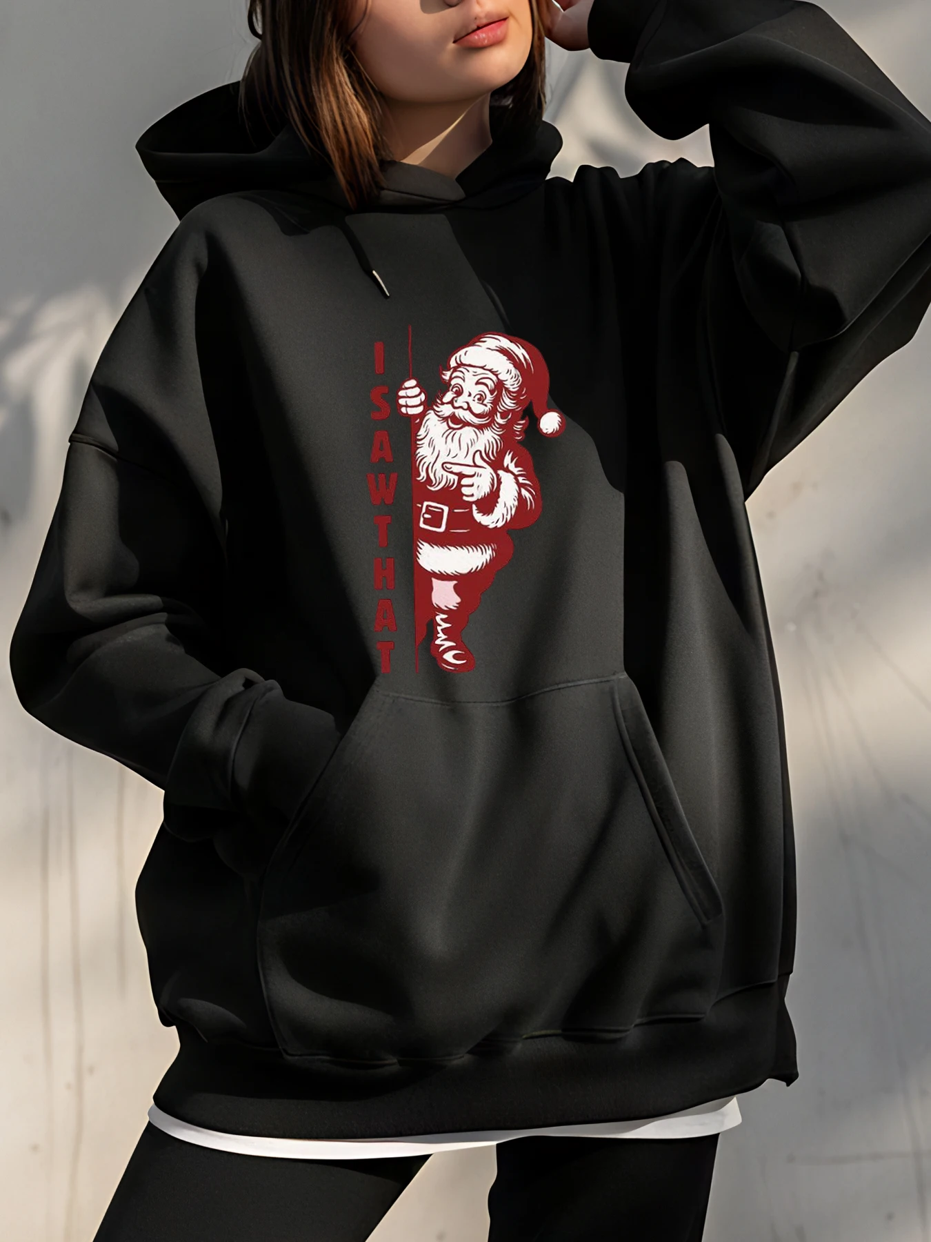 

Christmas Santa Claus Print Hoodie with Vertical Text Design for Women Casual Winter Wear