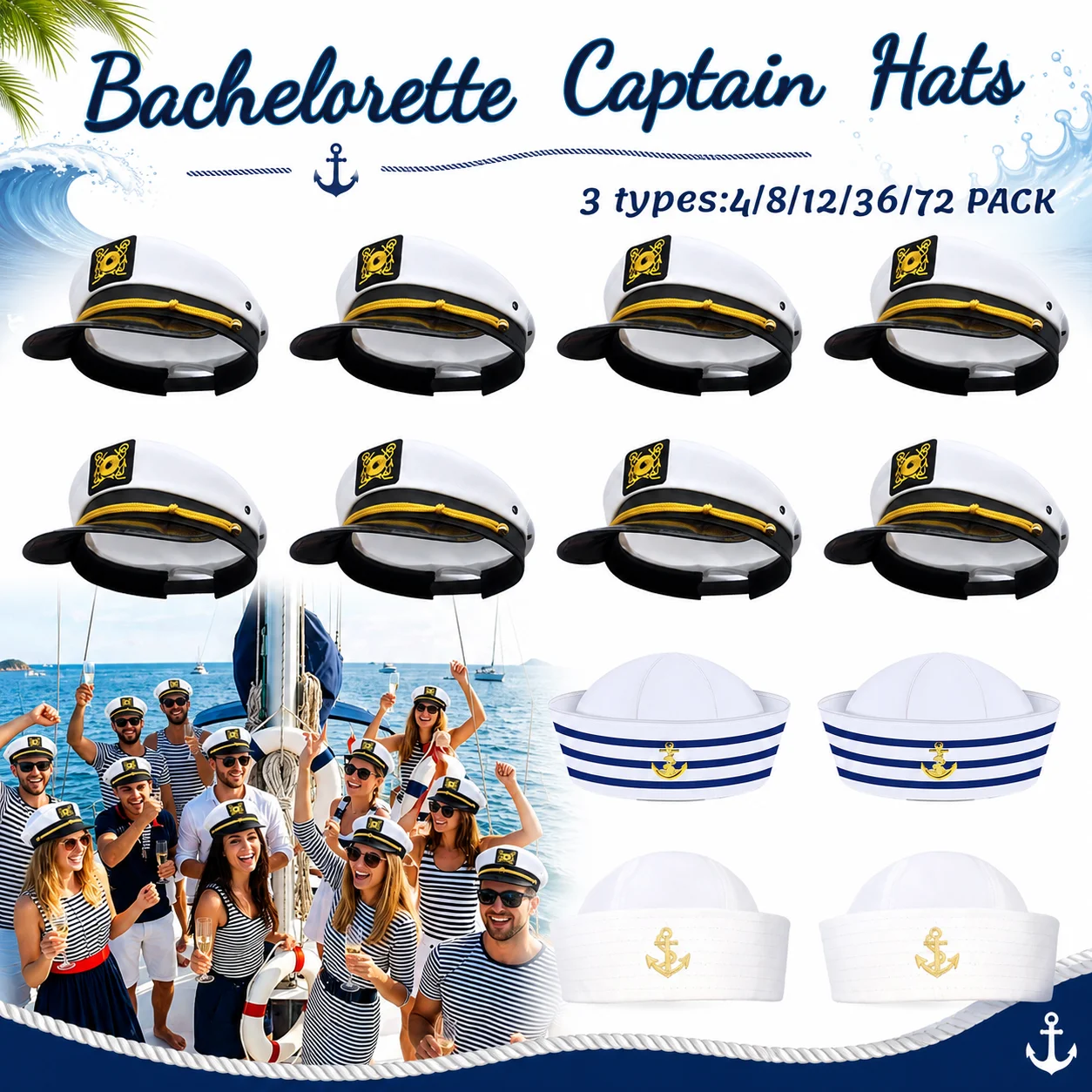 4-72 Stück Kapitänsmützen, verstellbare weiße Matrosenmützen, Junggesellinnenabschieds-Kappen für Hochzeiten, Yacht-Rock-Themenpartys, Foto-Requisiten