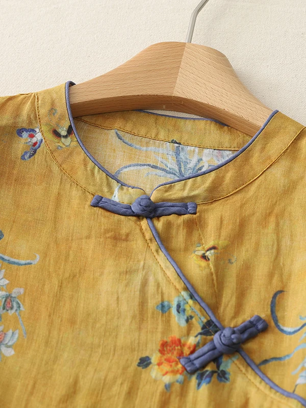 새로운 중국 스타일 여성 여름 슬림핏 레트로 프린트 엘레 탑 버튼업 전통 민족 의상