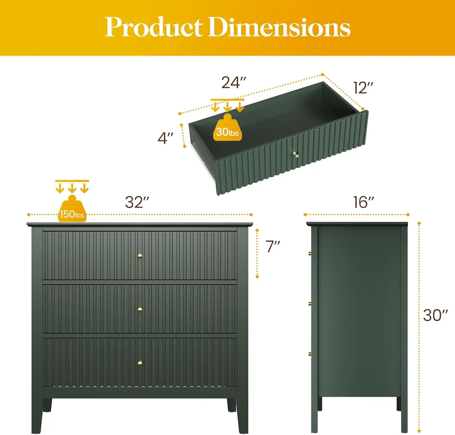 3 Drawer Dresser, Painted 30 Inch Tall Wood Nightstand with Storage, Modern Chest of Drawers with Ball Bearing Slide for Bedroom