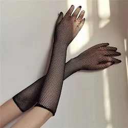 Guantes largos de malla de rejilla negra para mujer, guantes de mano de encaje de dedo completo de nailon, alta elasticidad, Sexy, disfraz exótico de escenario para fiesta