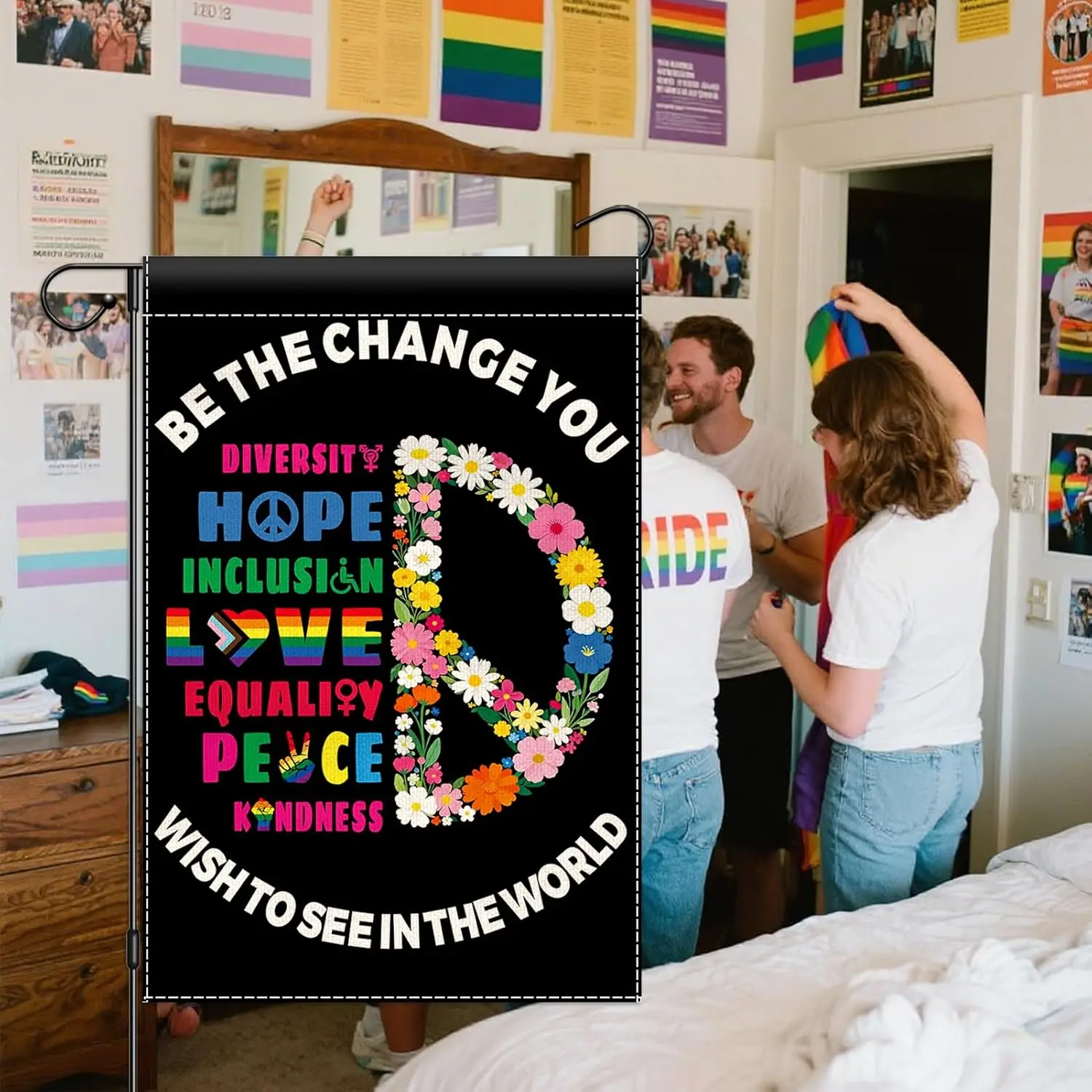 Be The Change You Wish To See In The World Garden Flag 12x18 Double Sided, Peace Flags for Outdoor, Equality Love Inclusion  IIC
