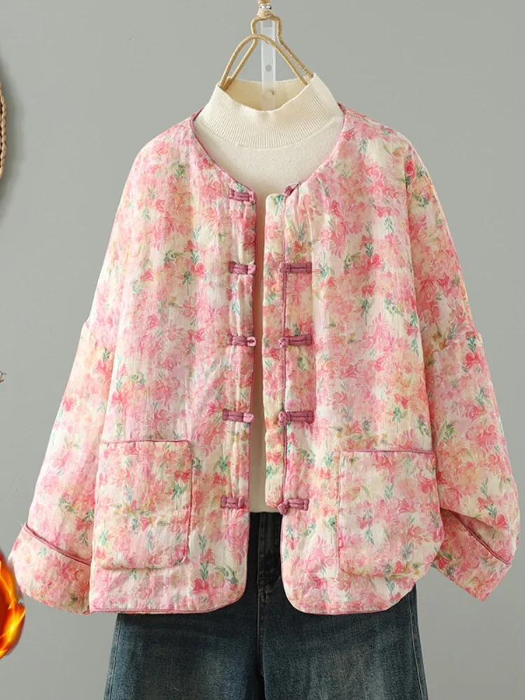 

Large Size Women's New Chinese Sle round Ne Cotton Jaet Winter New Zen Mommy Clothes Retro Print Cotton Coat with Button