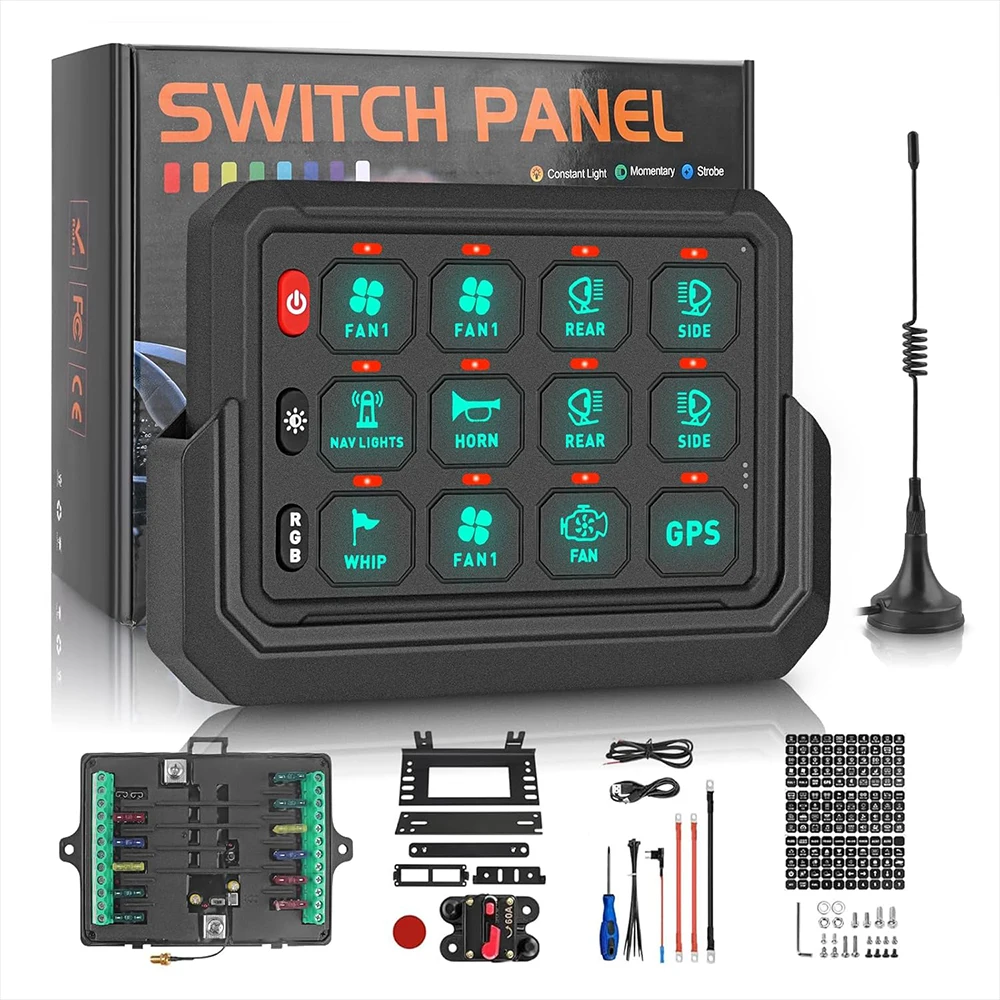 12 Gang RGB Switch Panel 4x4 Wireless Control Box Automatic Dimmable LED 12V Touch Switch Panel For Race Car Truck RV Off Road