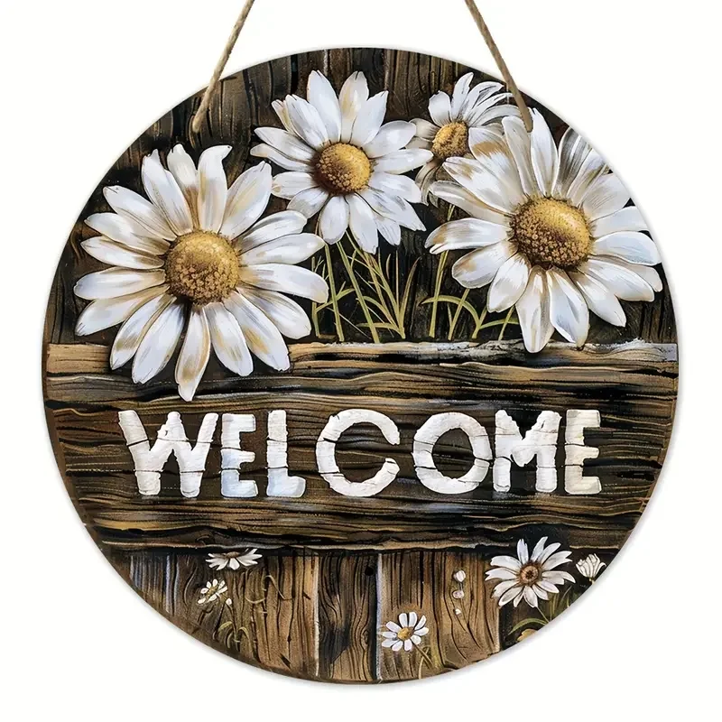 White Daisy Welcome Round Acrylic Hanging Sign Rustic Farmhouse Decor,Distressed Dark Wood Plank Daisy Floral Acrylic Front Door Wall Ornament