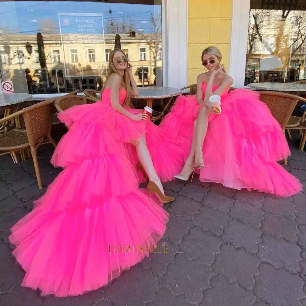 Fuchsia Tiered Tulle Party Dresses for Special Occasion Strapless High-low Women's Formal Evening Gowns Customized Prom Gowns