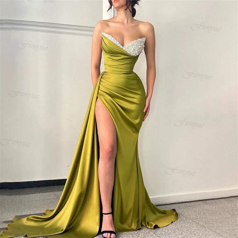 

Glitter Mermaid Prom Dresses Long V-Neck Pleats Satin Sexy High Side Slit Formal Dress 2023 Off Shoulder Evening Gowns