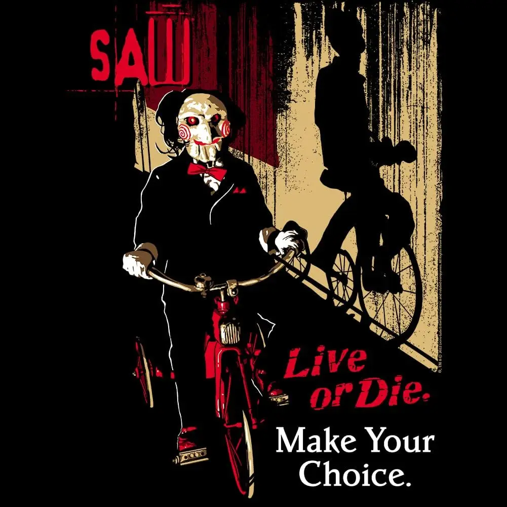 SAW Jigsaw on Bicycle Men's T Shirt Live or Die Make Your Choice Horror Gore Halloween Gift Cotton Casual Fashion Streetwear