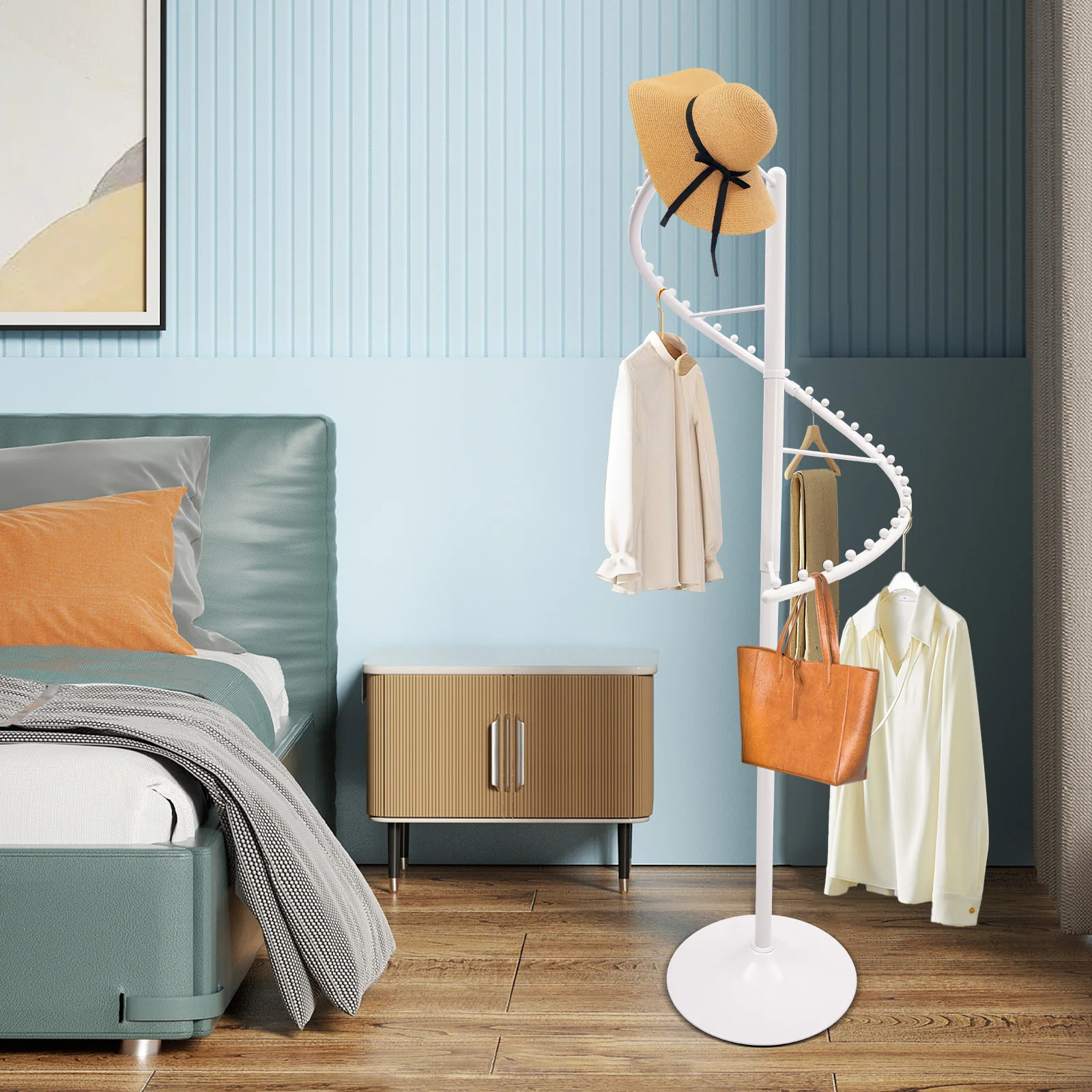 

Rotating Clothing Rack Spiral 360° Portable Garment Rack White Iron Modern Floor Stand Painting Welding