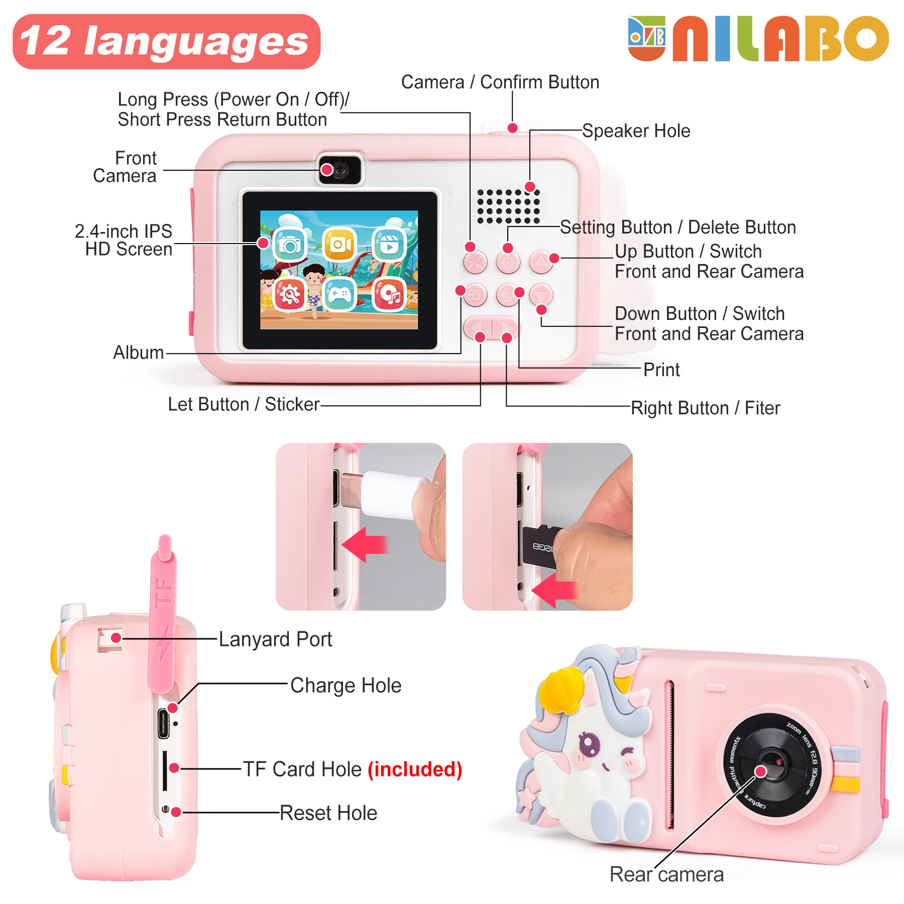 Câmera de impressão instantânea infantil Unilabo, vídeo selfie 1080P de lente dupla, presente de brinquedo portátil para idades de 3 a 12 anos com 3 rolos de papel e cartão 32G