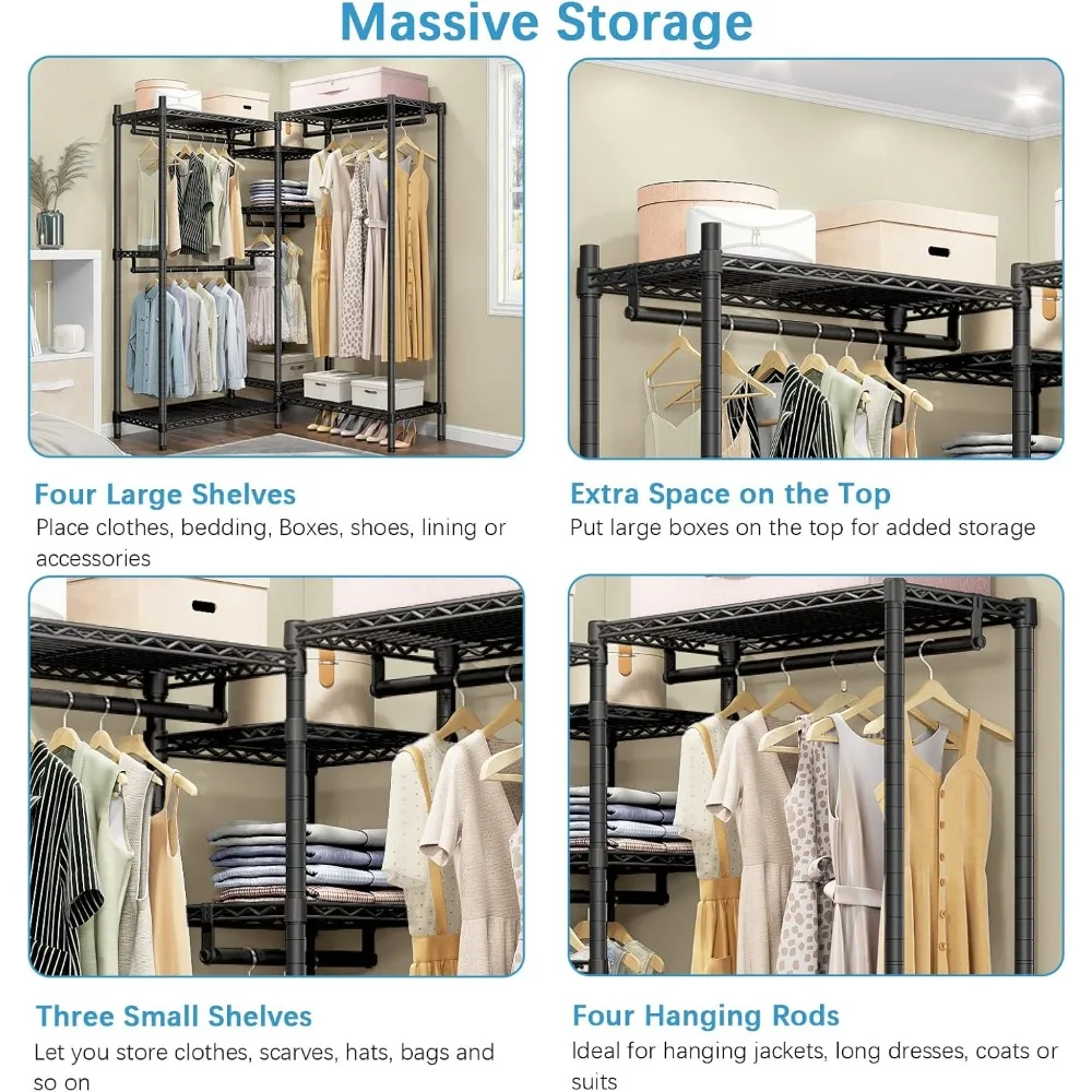 ตู้เสื้อผ้าโลหะรูปตัว L แบบตั้งพื้นสำหรับงานหนัก พร้อมชั้นวางปรับระดับได้ 7 ชั้น และราวแขวนเสื้อผ้า 4 ราว