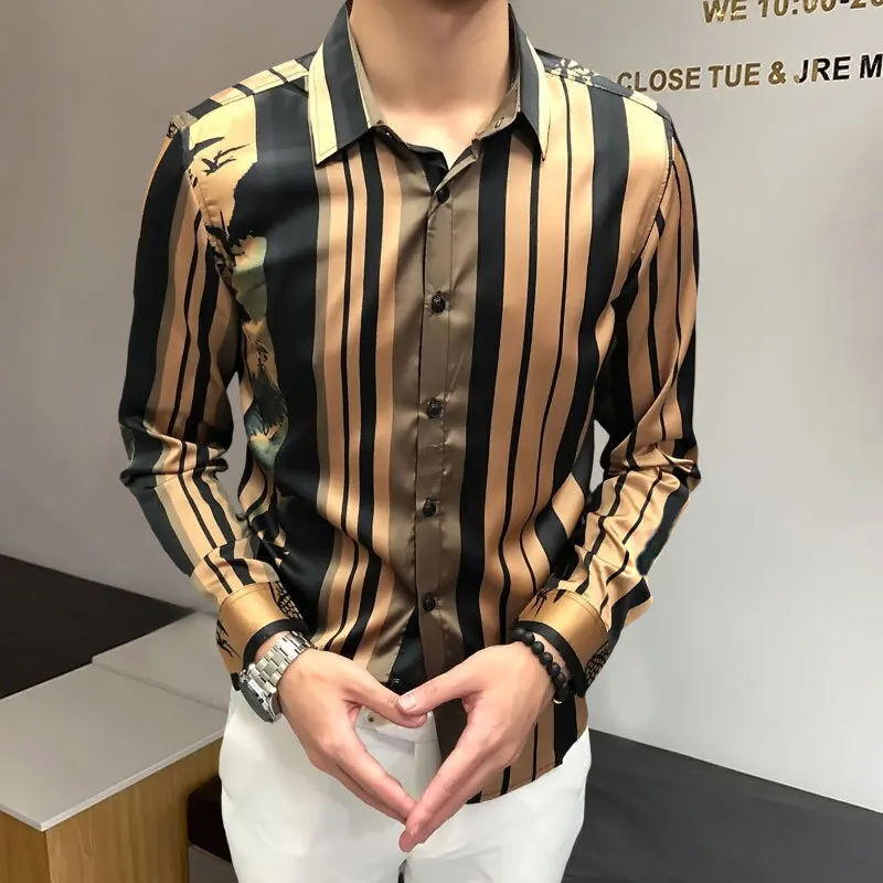 Luxury Retro Black Gold Print Wedding Shirt 2023 Spring  Shirt For Men Flower Shirt Party Vintage Shirt Camisa Social Masculina