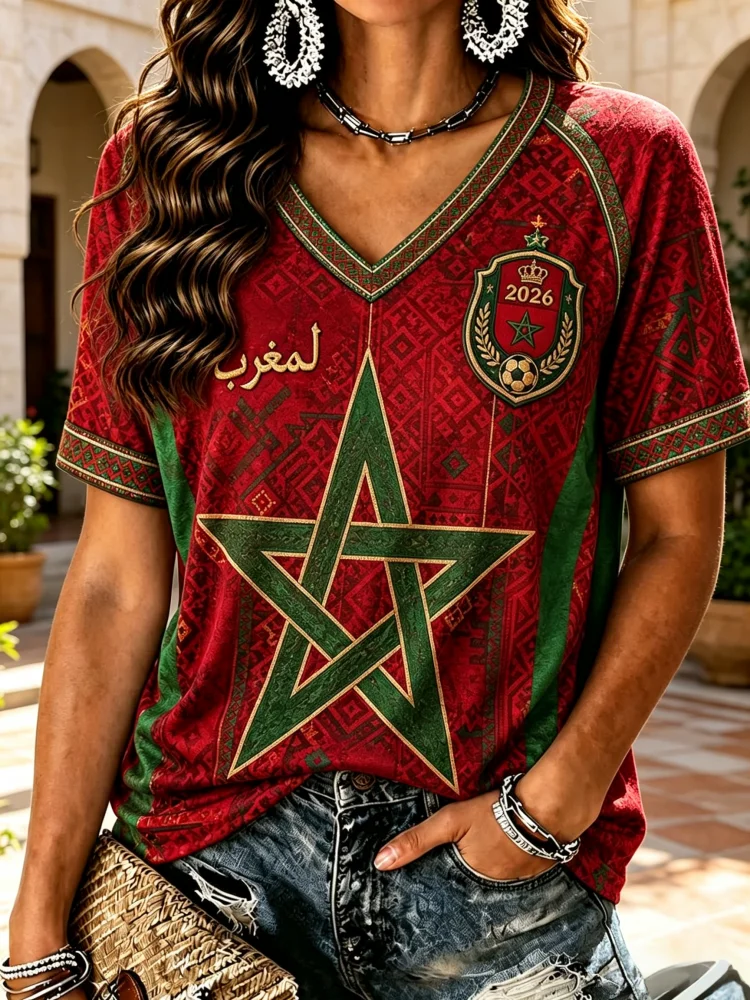 2026 Summer New Morocco Football Jersey Sports Men Women's V-Neck T-shirt Loose Sportswear with Star Clothing Family Kids Tees