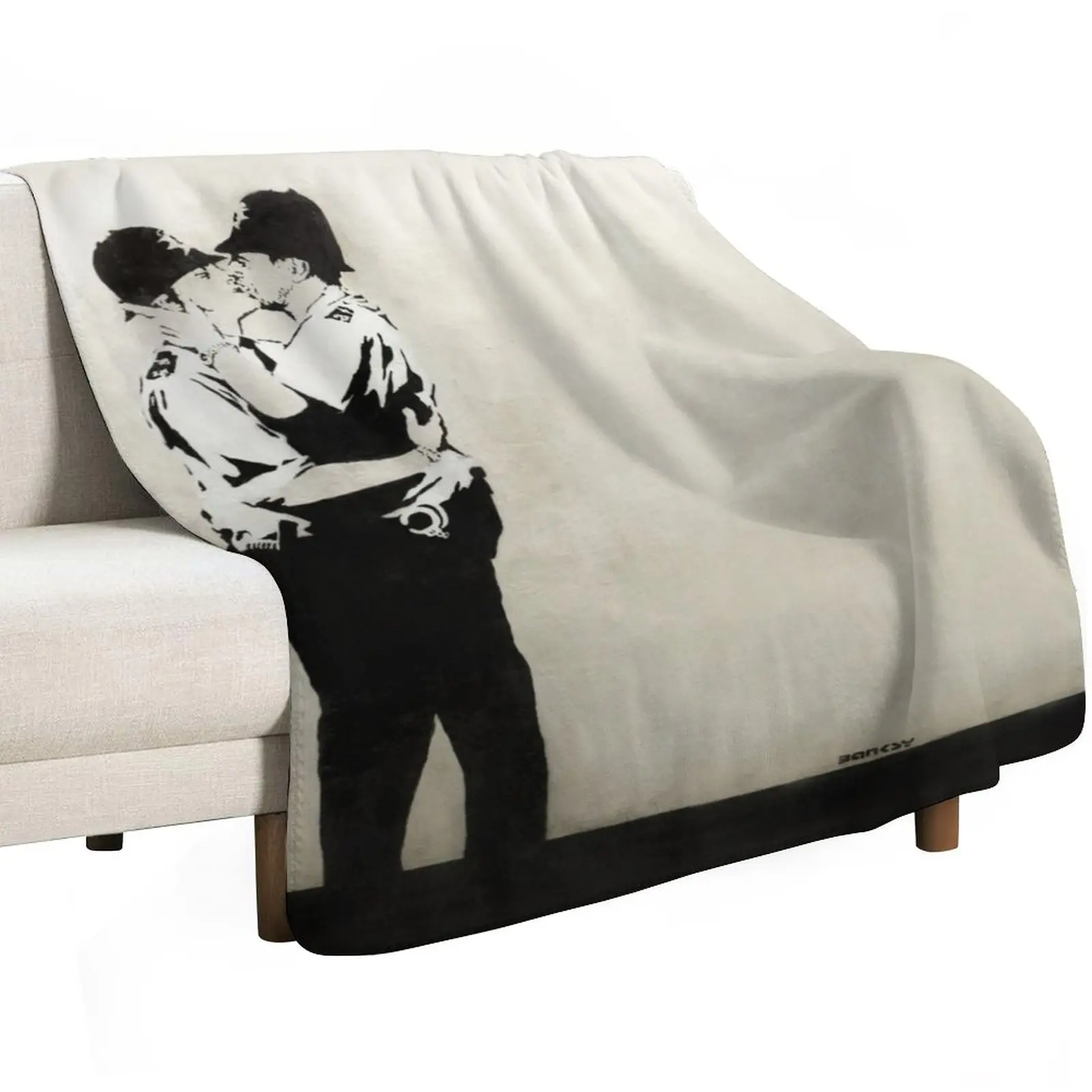 Banksy UK Cops graffiti England coppers kissing LGBT HD Throw Blanket for sofa Bed Furrys funny gift Large Blankets
