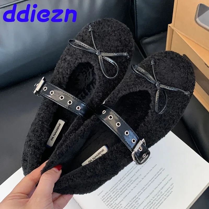 Female Shallow Butterfly-Knot Ladies Flats Mary Janes Warm Shoes Fashion Fur Footwear Buckle Strap Women Flats With Shoes