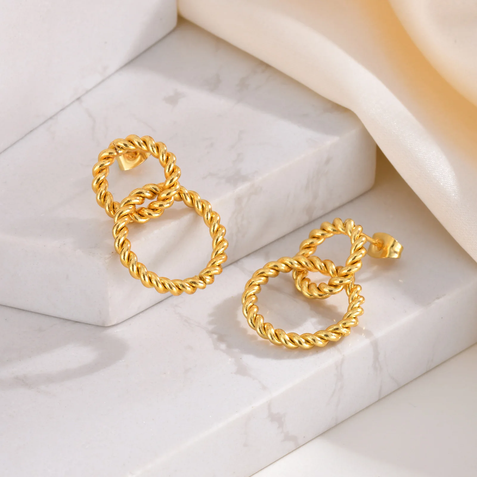 

Stainless Steel Double Circle Rope Drop Dangle Earring for Women, Geometric Round Huggies Statement Jewelry