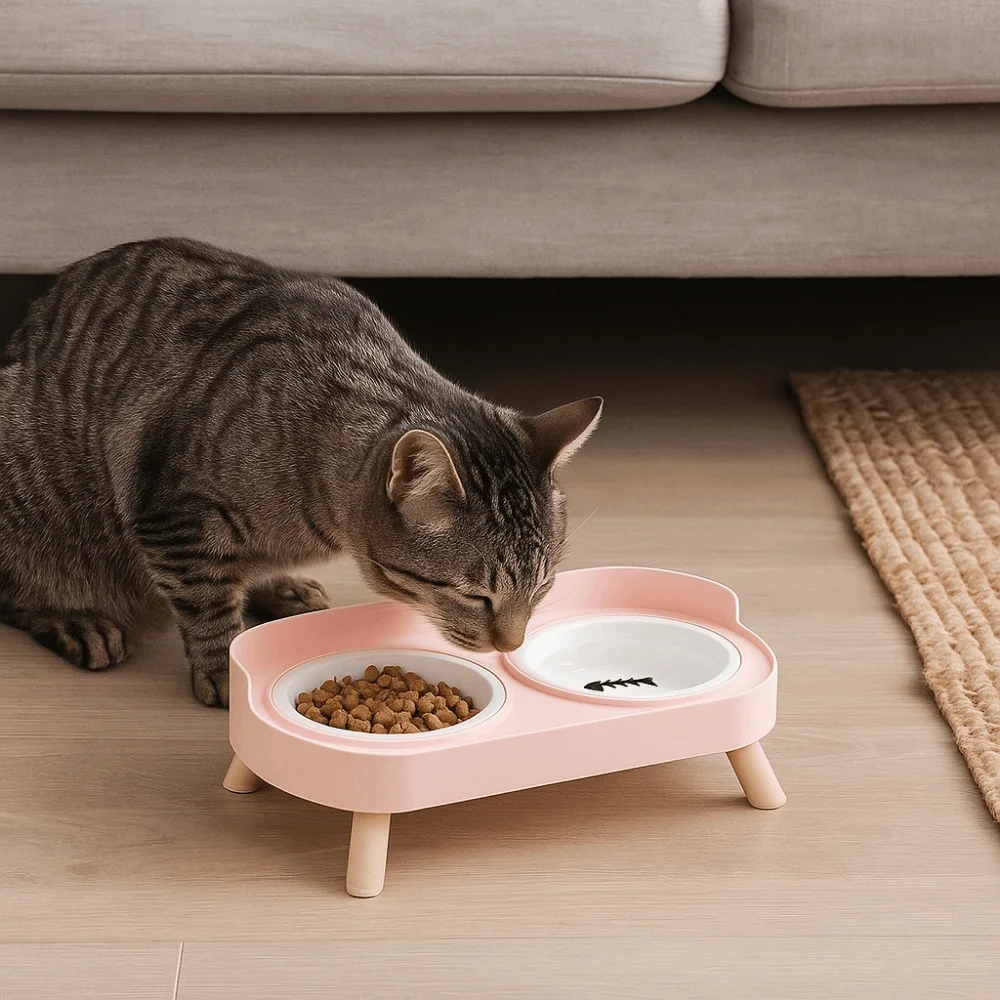 

Ceramic Double Cat Bowl Large Capacity Anti-Spill Cat Water Bowls with Stand Anti Slip Pet Food Water Feeder for Home