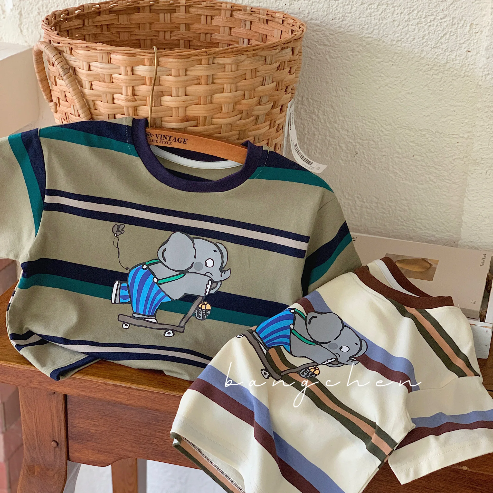 

2024 Summer Boys 2-10 Years Casual Cotton Print Stripe Short Sleeve T-shirts Kids Cute Tee