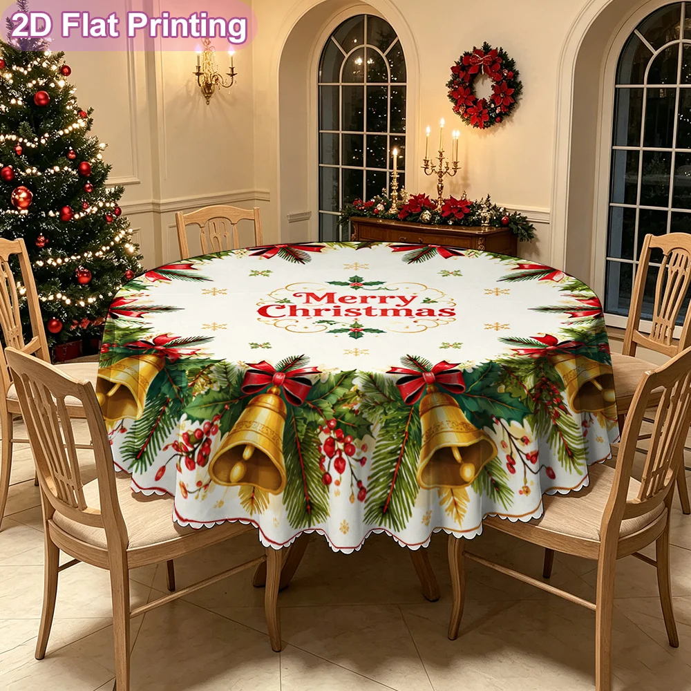 2D flat single-piece round festive tablecloth, golden Christmas bell wreath design, durable fabric tablecloth