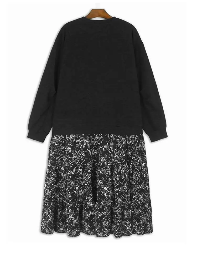 女性黒柄プリントスプライスビッグサイズミディドレス新しいラウンドネック長袖ファッション潮春秋