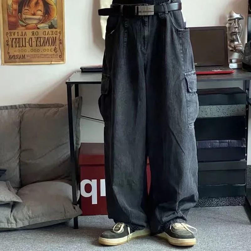 

Men's Baggy Denim Trousers, Wide Leg Pants, Oversize Cargo Pants, Korean Streetwear, Hip Hop, Harajuku, Black