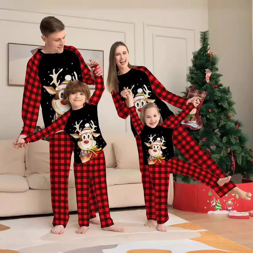

New cartoon checkered Christmas parent-child outfits, printed home wear, pajama sets, baby jumpsuits, Xmas Family Outfit Pajamas