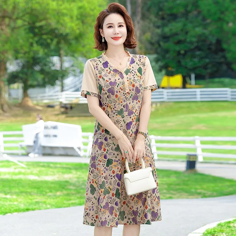 New Fashion Casual Summer Vintage Slim Dresses V-Neck Butterfly flowerl Elegant Party Dress Women Clothing