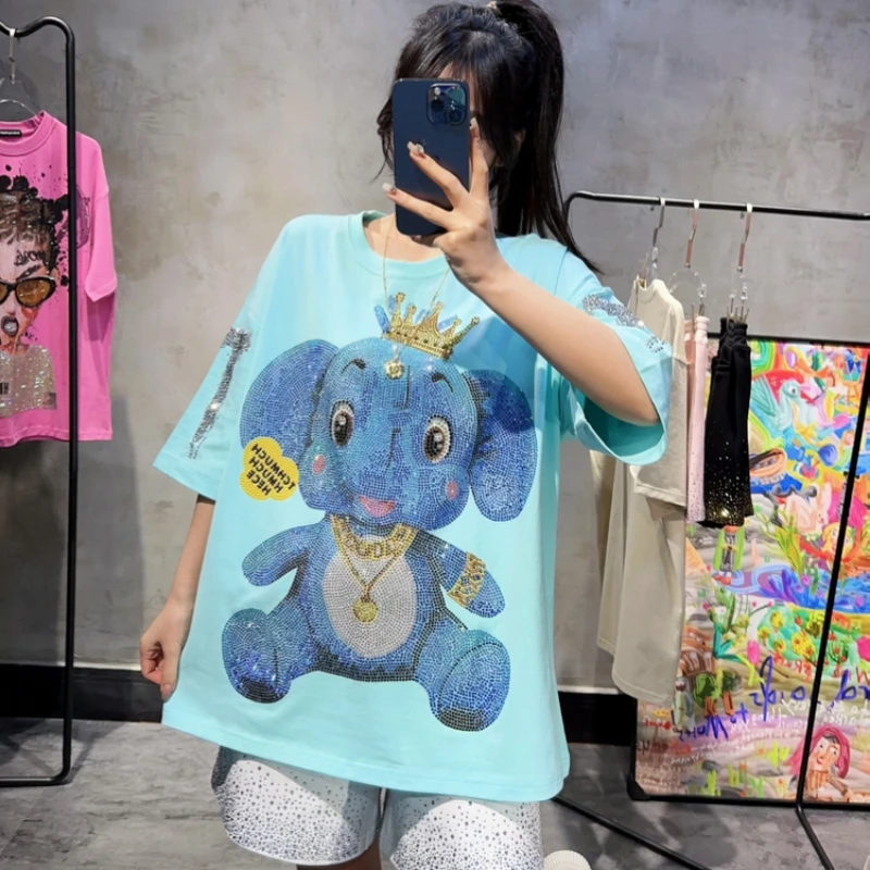 

Trendy Summer Women Tshirts Luxury Shiny Hot Drilling Cartoon Elephant Oversize Top All-match Short Sleeve Loose Couple Tees