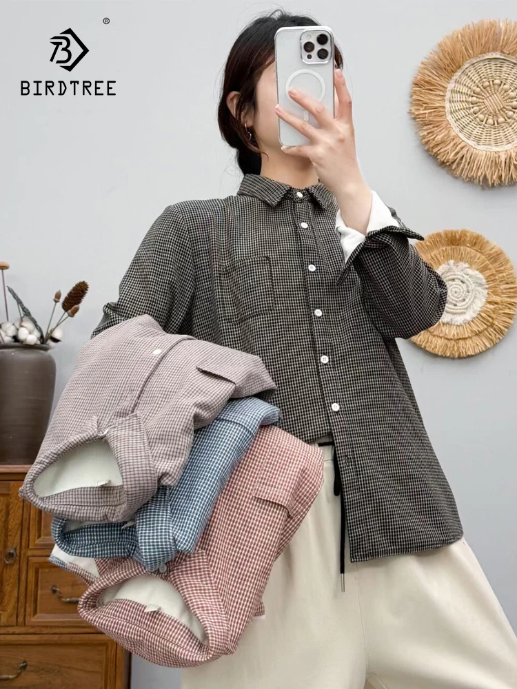 

New Autumn Cotton Fleece Long Sleeve Shirt, Women Lapel Houndstooth Tops, Girl Loose Japan Style Commute Blouse, Winter T4D421CC