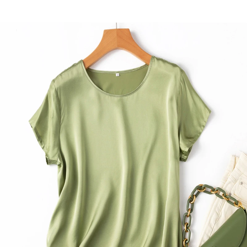 Birdtree 19 Mm 100% Mulberry Silk Tshirts Summer Women O Necks Half Sleeves Straight Tops Multi Color Basic Tees T35702C