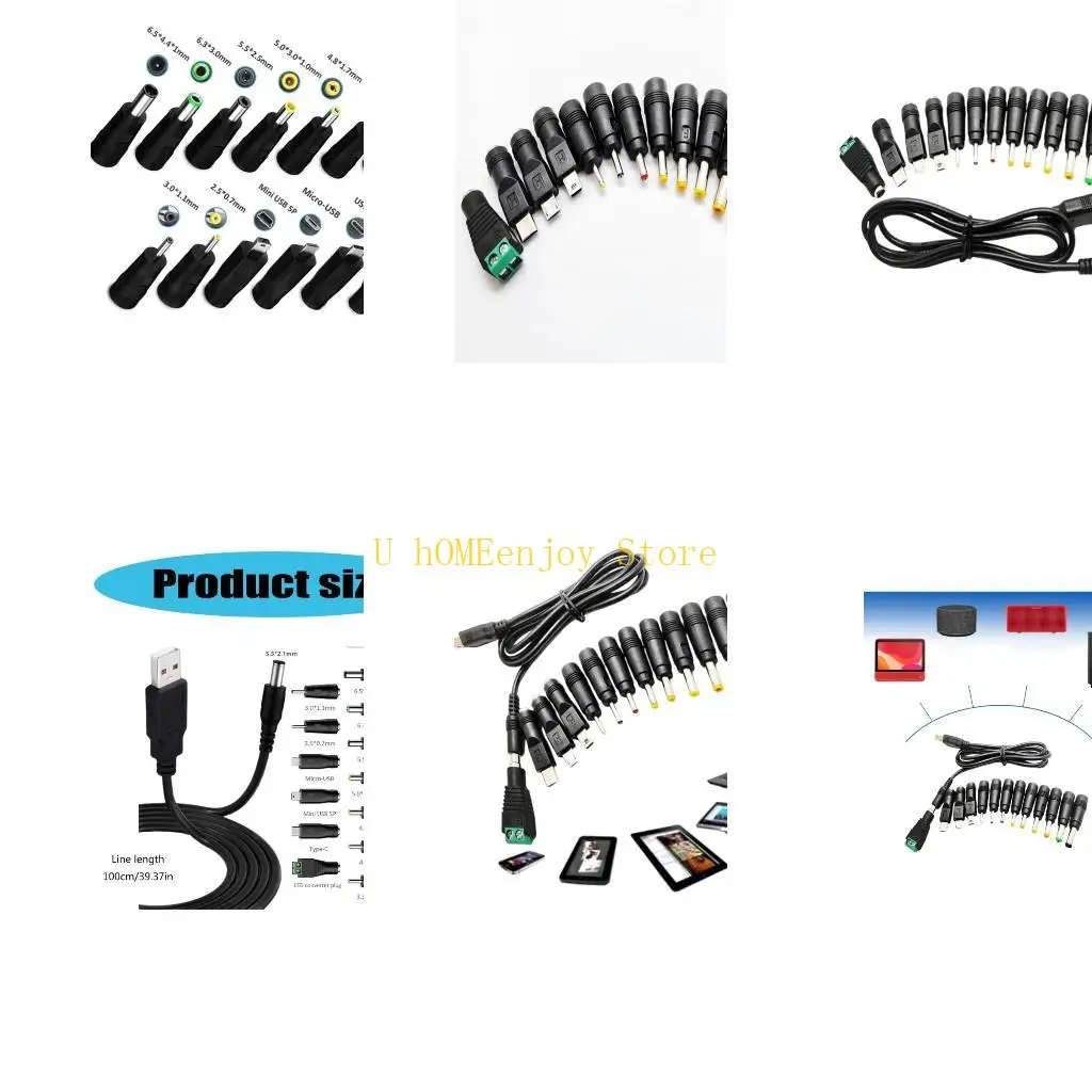 B0KF Universal 5V USB to 5.5x2.1mm Power Cable USB Power Plug Adapter with 13 Interchangeable Connectors for Speaker