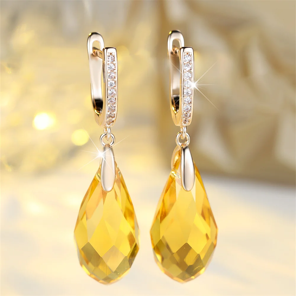 Yellow Crystal Zircon Pendant Hoop Earrings For Women Vintage Gold Color Wedding Jewelry Valentine's Day Gifts