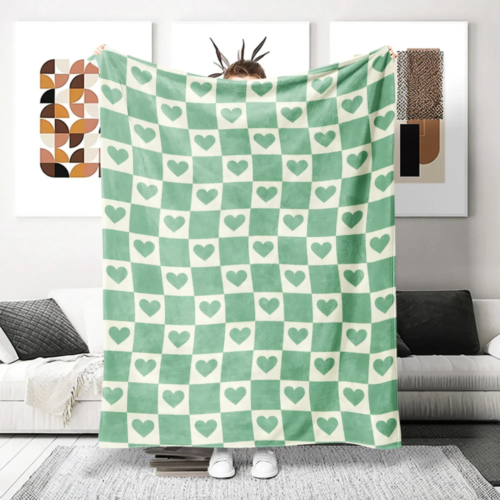 Green Warped Checker Hearts Flannel Blanket Perfect For Sofa Office Bed Travel Sleep Read Relax Camping Four Season Use