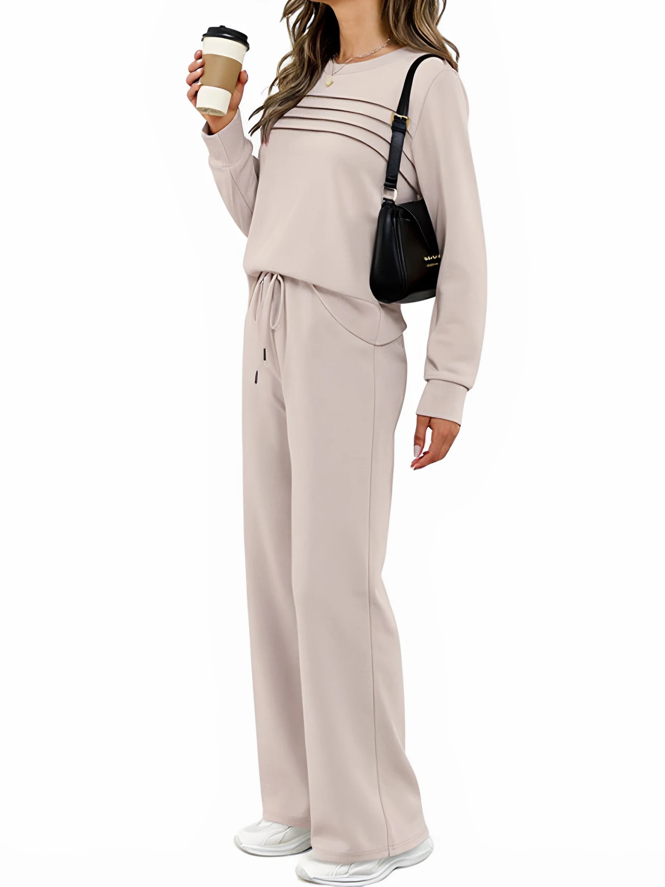 Women's Casual Long Sleeve round Neck Set Elastic Waist Wide Leg Pants Loose Fit Comfortable Outfit for Autumn Fashion